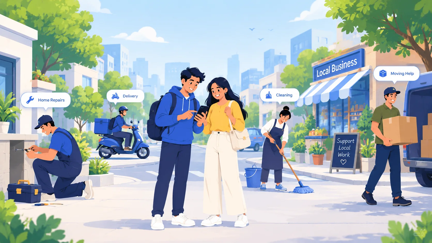 Illustration of people connecting through local tasks including home repairs, delivery, cleaning, moving, and other everyday work in a city neighborhood.